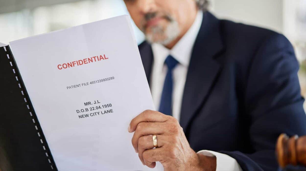 Lawyer, confidential and paperwork with hands holding patient file and documents in office. Complia