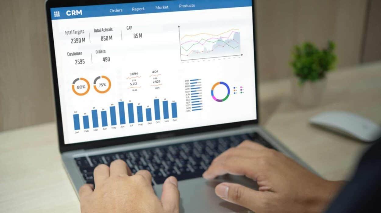 Man using computer laptop software with graphs and charts showing sales data. CRM Customer